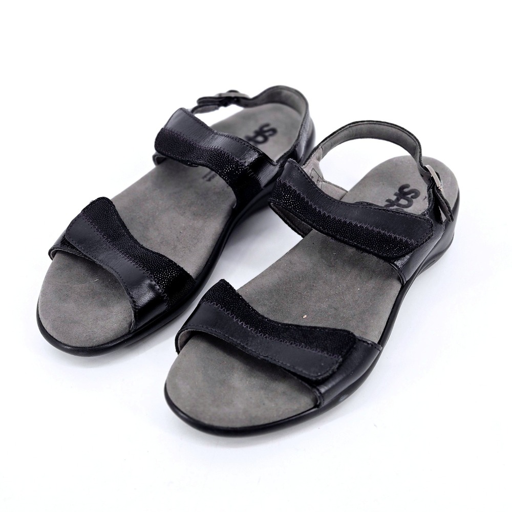 SAS Nudu Black Leather Crocodillo Strappy Comfort Walking Sandals Women Size 7.5